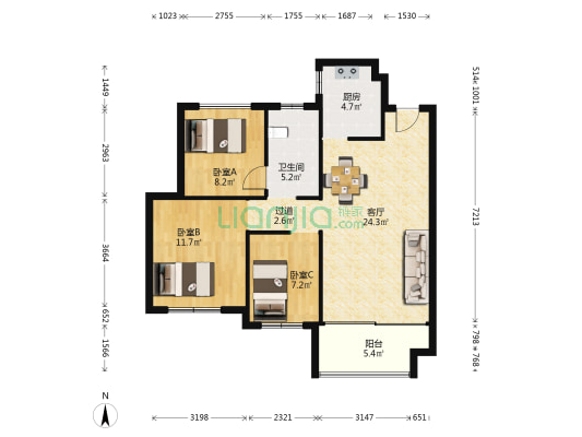 长房星珑湾 3室1厅1卫 88平方