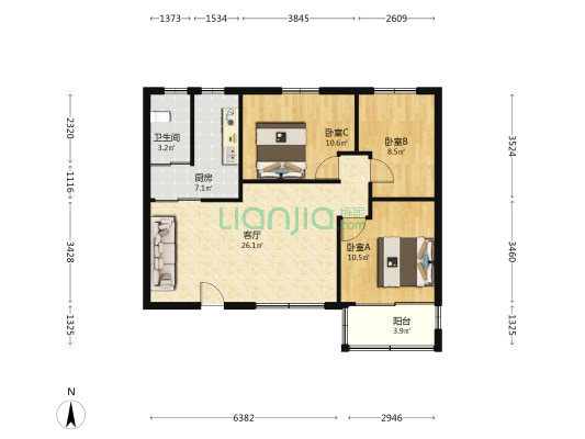解放村 3室1厅1卫 79平方