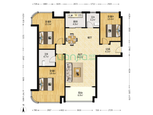 中铁沣河湾 3室1厅2卫 126平方