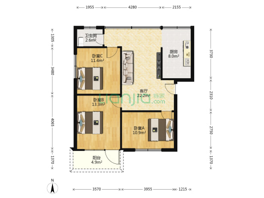 桂香街108号 3室1厅1卫 91平方