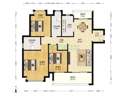 观山开磷城 3室1厅2卫 135平方