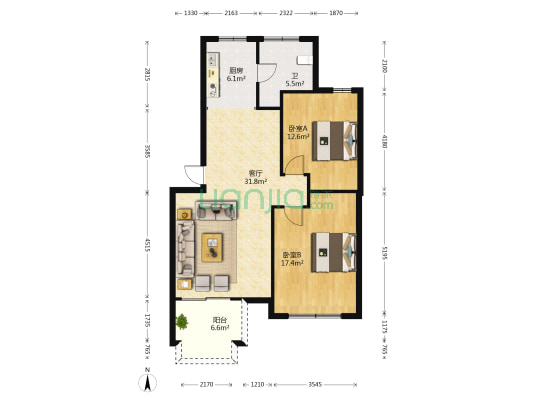 郡原居里 2室1厅1卫 88平方