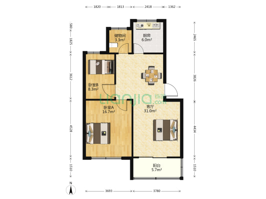 杏花南苑 2室1厅0卫 84平方
