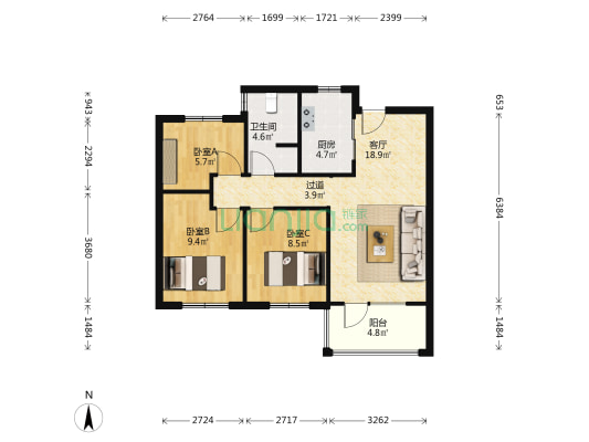 海岸万科城枫华里 3室1厅1卫 88平方