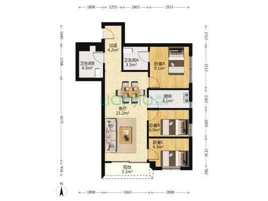 龙湾路 3室1厅2卫 89平方