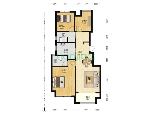嘉裕天城 3室1厅2卫 88平方