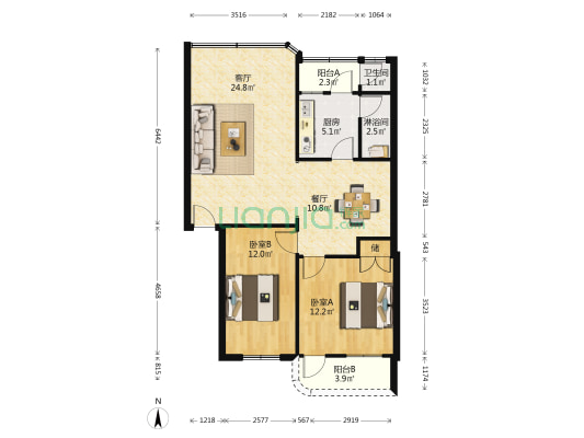海医杏林苑小区 2室2厅2卫 76平方