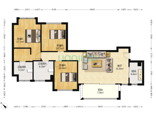 中国铁建北湖国际城溪檀三期 3室1厅2卫 104平方