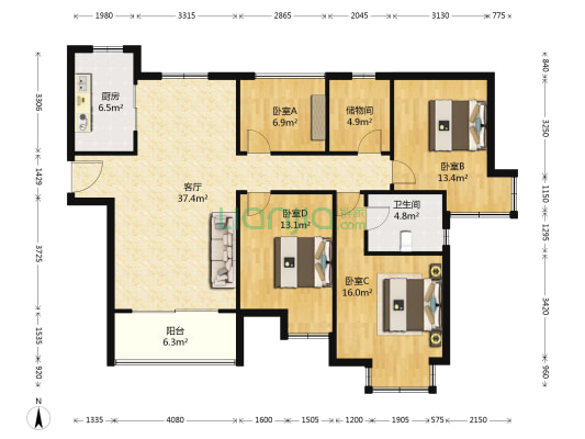 水漾花城五期 4室1厅1卫 136平方