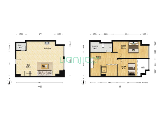 云视界 2室1厅2卫 61平方