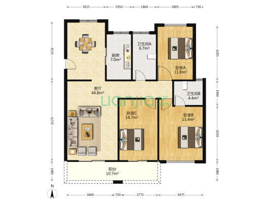 皇家首座东区 3室1厅2卫 117平方