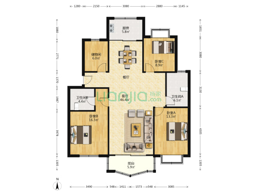 垂虹家园 3室1厅2卫 135平方