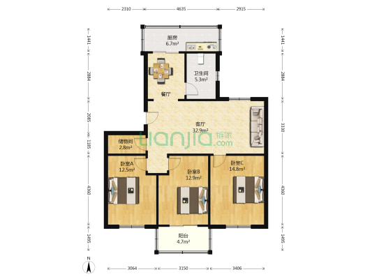 化工局宿舍 3室1厅1卫 112平方