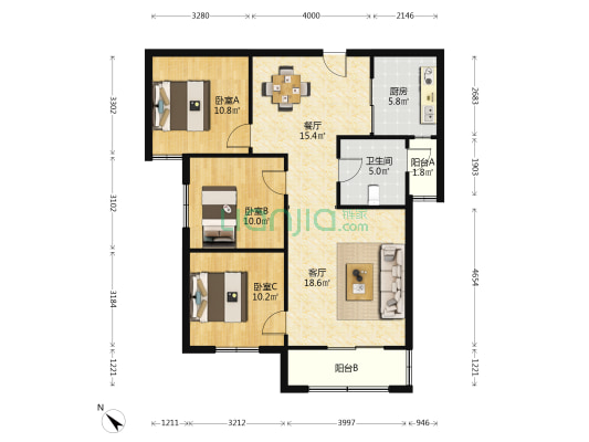 怡芳苑 3室2厅1卫 104平方