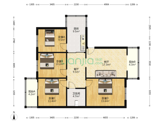 华夏小区 4室2厅1卫 127平方