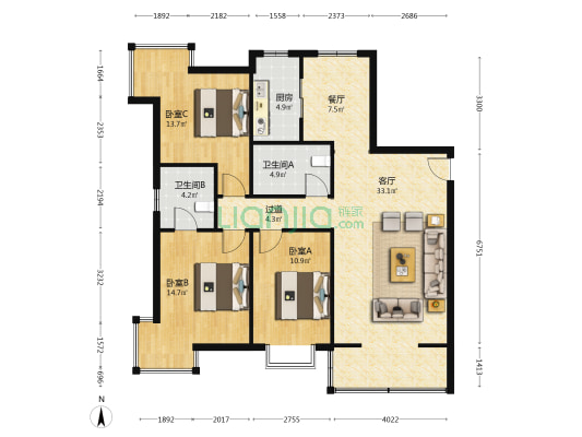 华邦国际 3室2厅2卫 138平方
