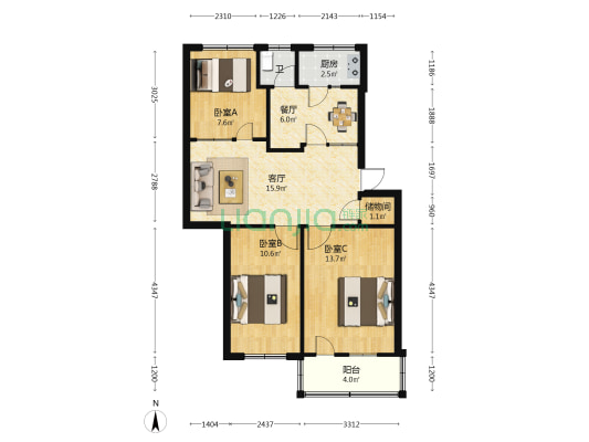 桃园新村1座 3室2厅1卫 66平方
