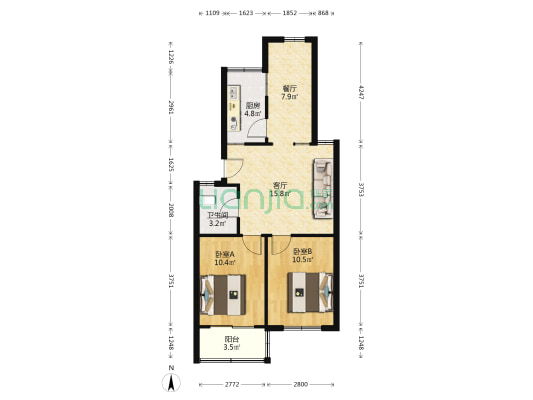 恒福花园 2室2厅1卫 64平方