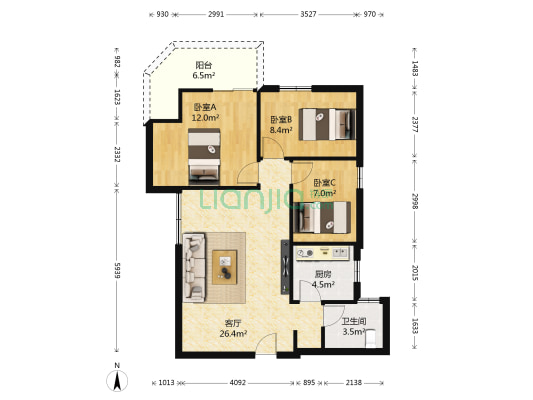江南大厦 3室1厅1卫 87平方
