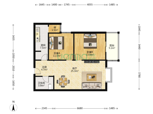 幸福时光 2室1厅1卫 96平方