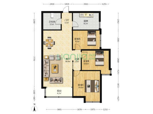融富中心A区 3室1厅1卫 119平方