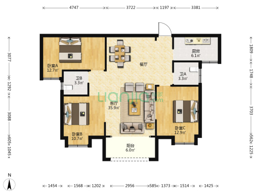 名门世家 3室1厅2卫 121平方