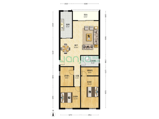 清醇街2号 3室1厅1卫 100平方