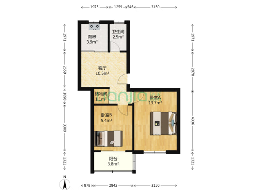 校门口1号 2室1厅1卫 55平方