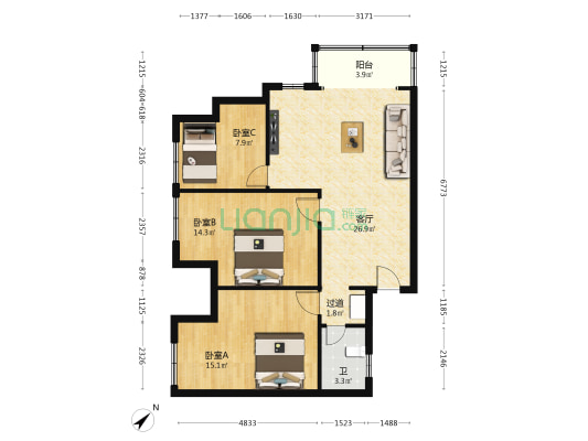 拱北花园大厦 3室1厅1卫 97平方