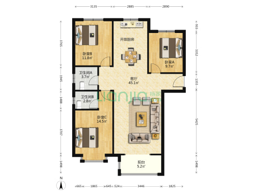 南北向的户型，采光好，户型好，视野好-户型图