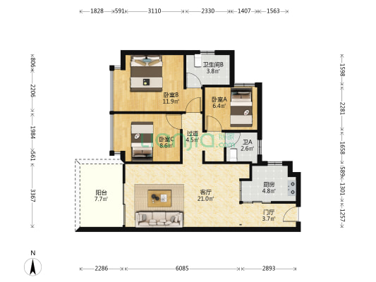保利卓越中环广场 3室1厅2卫 96平方