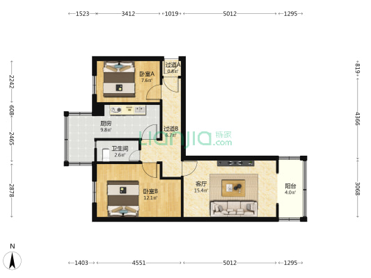 张掖路42-58号 2室1厅1卫 56平方