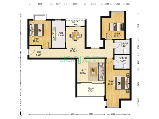 泰极国际花园 3室2厅2卫 125平方