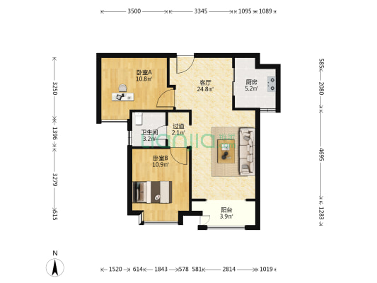 天津华侨城寄湖苑 2室1厅1卫 83平方