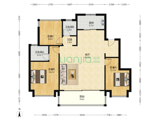 知庐台 3室1厅2卫 126平方