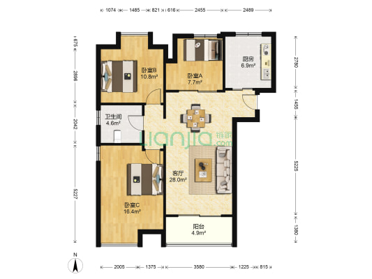 中海凯旋门 3室1厅1卫 110平方