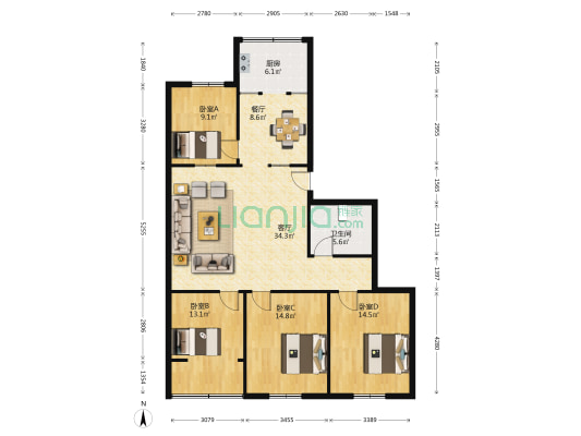 怡安公寓 4室2厅1卫 131平方