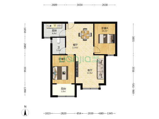 明瀚花香城 2室2厅1卫 88平方