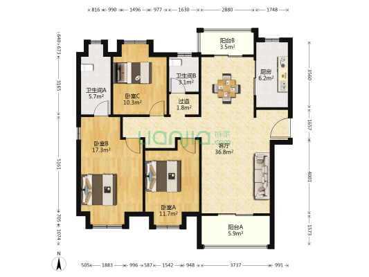 招商东城华府 3室1厅2卫 129平方