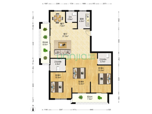 青成名苑 3室2厅3卫 143平方