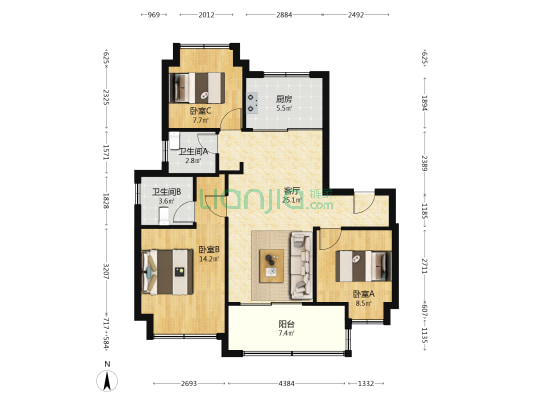 招商虹桥公馆三期 3室1厅2卫 105平方