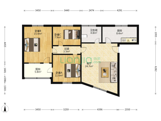 中山北路二弄 3室1厅1卫 102平方
