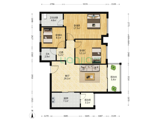 保利i立方 3室1厅2卫 122平方