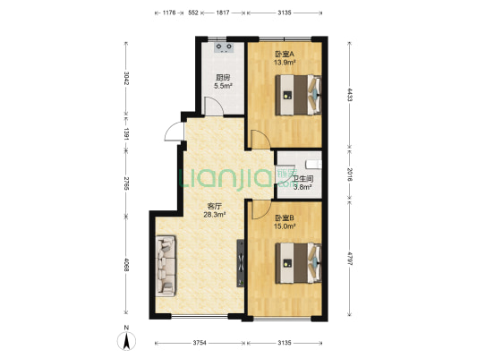 格林阳光城 2室1厅1卫 87平方