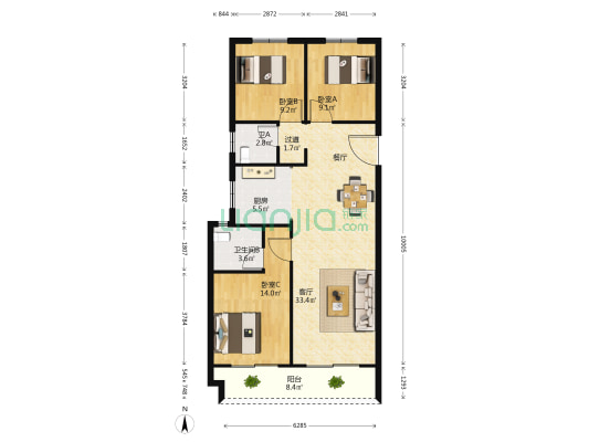 美盛教育港湾一期 3室1厅2卫 121平方