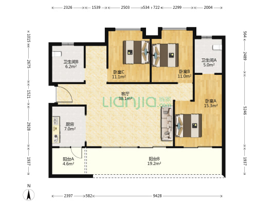 首钢贵州之光光璟组团 3室1厅2卫 137平方