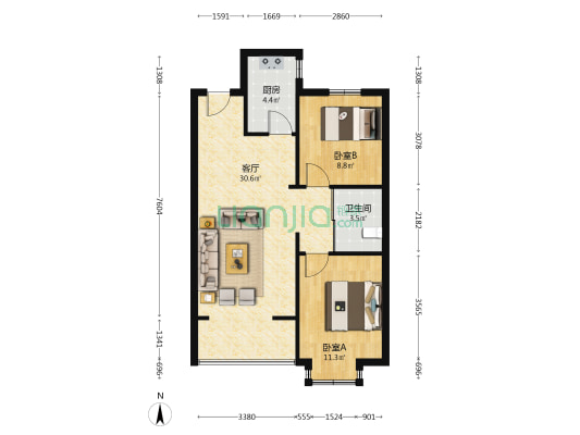 润江华府 2室1厅1卫 80平方