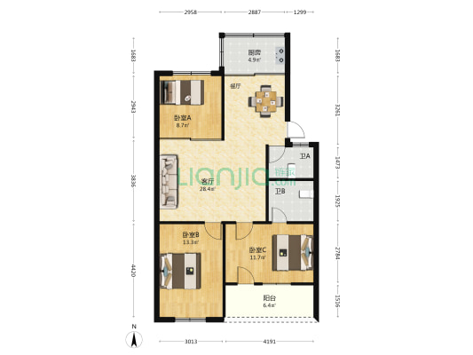 金海公寓 3室1厅2卫 89平方