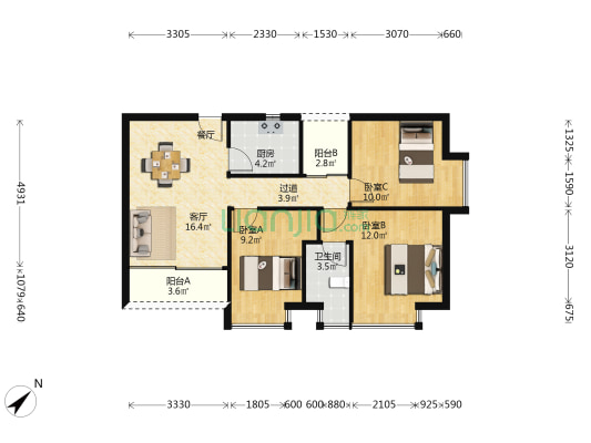 藤业富林广场一二区 3室1厅1卫 80平方