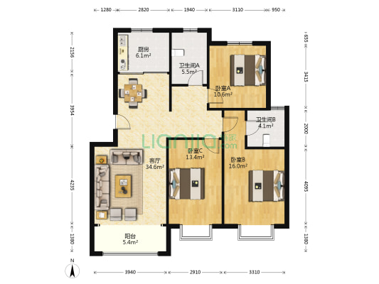 金都馨城 3室1厅2卫 120平方